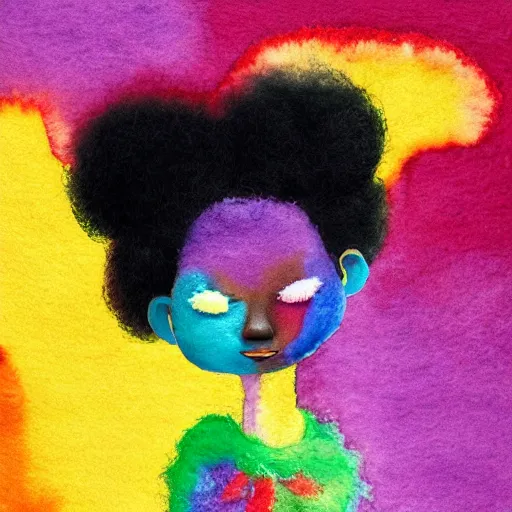 Image similar to a black girl with a colorful afro and rainbow eyes doing ballet, bright colours, bokeh!! watercolor, volumetric wool felting, macro photography, children illustration, by goro fujita