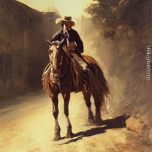 Prompt: oil painting cowboy on dusty street, very very very very very beautiful nature art, masterpiece, realistic and detailed, romanticism by goya