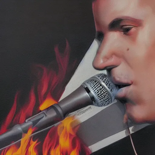 Image similar to beautiful portrait of german rapper kool savas burning up a mic, by katja kuhl, photorealistic, hyperrealism