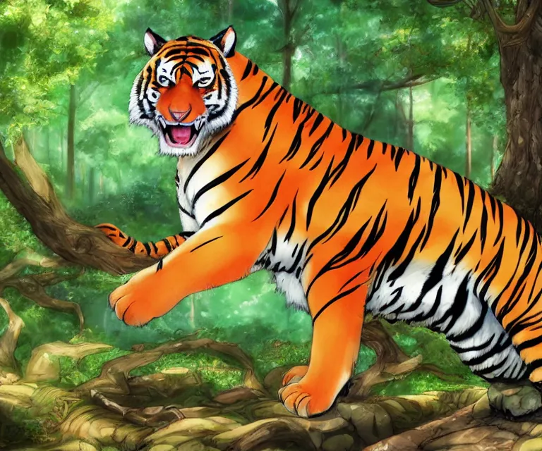 Image similar to tiger in a forest, anime fantasy illustration by tomoyuki yamasaki, kyoto studio, madhouse, ufotable, comixwave films, trending on artstation