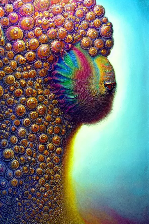 Image similar to hyperrealistic close-up baroque psychedelic!! celestial organic happy fluffy creature!! peaceful kind spirit of nature highly detailed concept art eric zener elson peter cinematic hard rainbow lighting high angle hd 8k sharp shallow depth of field, inspired by Zdzisław Beksiński