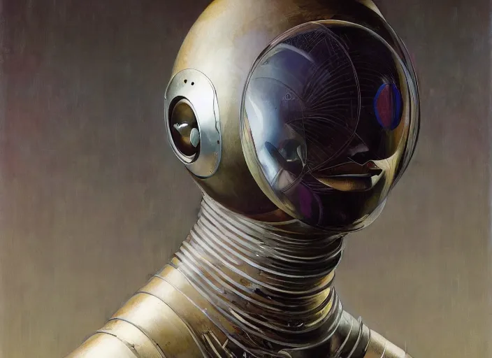 Image similar to a portrait headshot of sci fi metallic human, bright eyes, melancholic complex geometric figure liminal machinery by oskar schlemmer, moebius, john berkey, oil on canvas, portrait facial head, featured on artstation, hd wallpaper