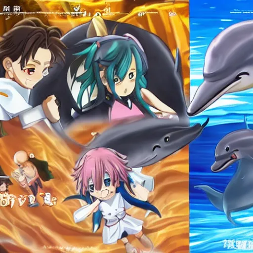 Image similar to dolphins and stingrays in isekai style