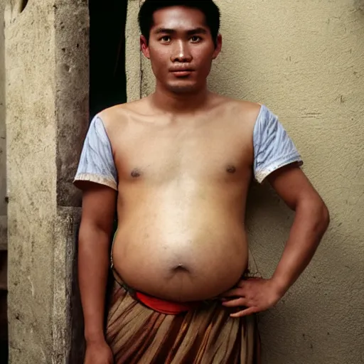 Image similar to A young pre-colonial Filipino man in his 20s wearing traditional costume with a big pregnant belly, photographed by Steve McCurry