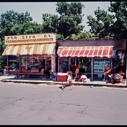 Prompt: « summer, sunny day, 1 9 8 0 years, usa, street view with shops markets »