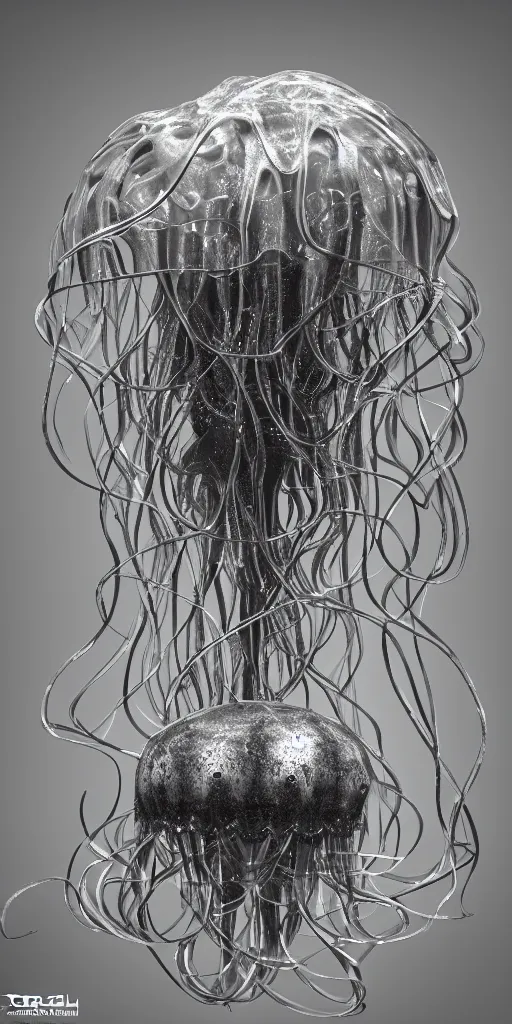 Prompt: a photorealistic render of a metallic neotribal jellyfish, greyscale, made of melted plastic and marble, c 4 d, by zhelong xu and ernst haeckel, wide angle, hyper realistic, plain black background, 8 k, volumetric lightning, octane render