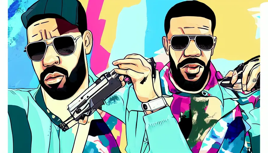 Image similar to drake in the style of gta vice city artwork, digital art