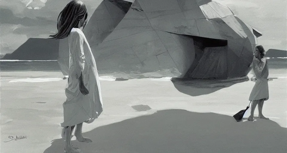 Prompt: a hermit girl standing outside her big seashell home, atmospheric cinematography by syd mead