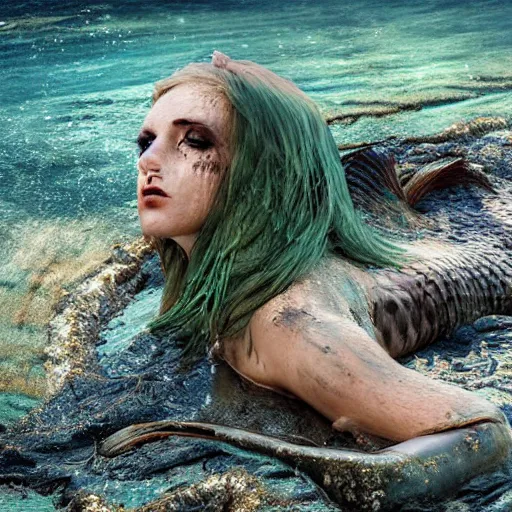 Prompt: a sad mermaid covered in toxic sludge, wildlife photography, intricate details, highly detailed, photorealistic, 8 k