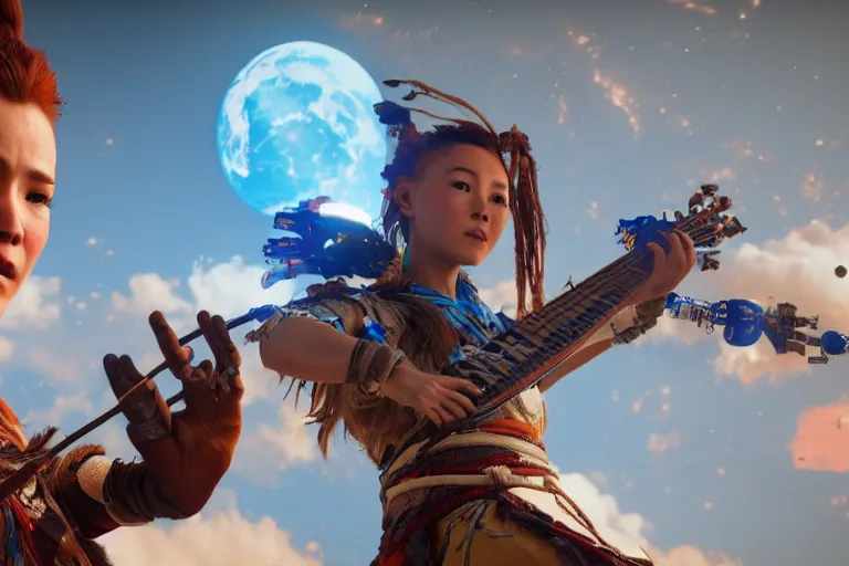 Image similar to cinematic picture of aloy from the horizon zero dawn videogame playing the guitar in the international space station, unreal engine 5