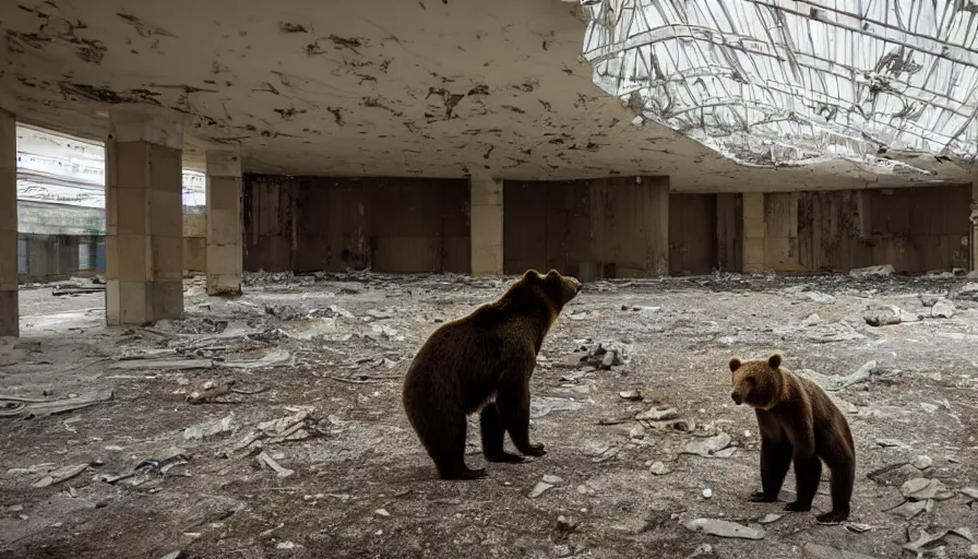 Image similar to a bear, in an abandoned mall, dim, photography