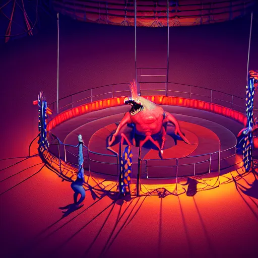 Prompt: circle circus arena, scary mutant in a fun circus arena, hyper - realistic, octane render, 8 k