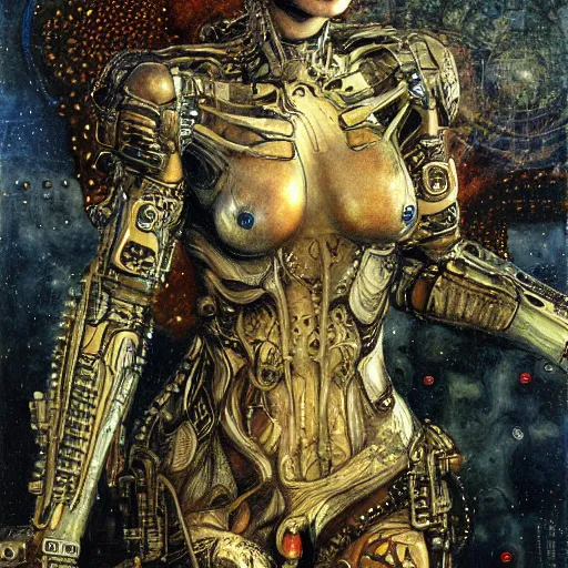 Image similar to cybernetic female supersoldier armed with laser rifle battling demon, intricate detail, klimt, royo, whealan,