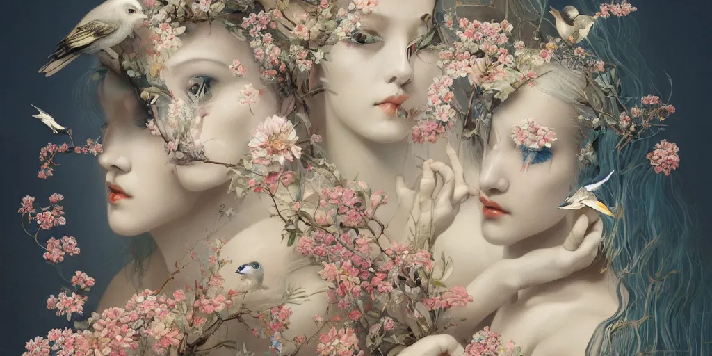 Prompt: breathtaking detailed concept art painting art deco pattern of blonde faces goddesses amalmation flowers with anxious piercing eyes and blend of flowers and birds, by hsiao - ron cheng and john james audubon, bizarre compositions, exquisite detail, extremely moody lighting, 8 k