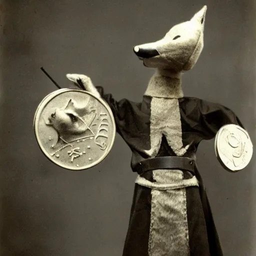 Prompt: anthropomorphic fox multi-jointed puppet who is a medieval knight holding golding coins, 1930s film still