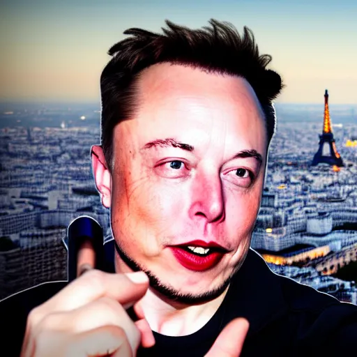 Prompt: selfie photo of Elon Musk drunk drunk drunk in the top of the Eiffel Tower of Paris, highly detailed skin and face