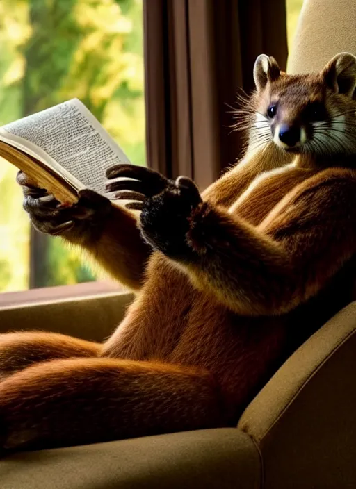 Image similar to A beautiful scene from a 2022 Marvel film featuring a humanoid pine marten wearing loose clothing reading on a couch. An anthropomorphic pine marten. Golden hour.