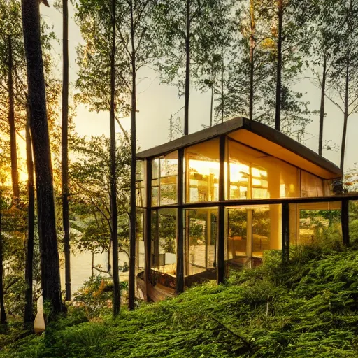 Prompt: a futuristic villa made out of wood and glass in the forest close to the lake, architectural photography, wide-shot, golden hour