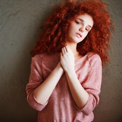 Prompt: a half body shot of a cute beautiful french girl, with curly red hair and a relaxing outfit, hyper realistic, soft lighting, intricate