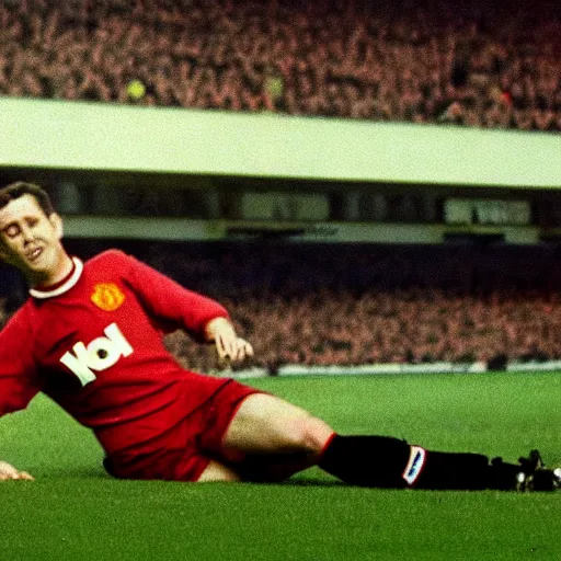 Prompt: Roy Kent scoring a goal for for Manchester United, on the pitch