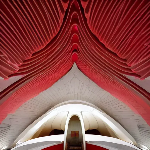 Prompt: interior of a futuristic lotus temple space station with gold, red and white marble panels, by santiago calatrava and zaha hadid and buckminster fuller and syd mead, intricate contemporary architecture, photo journalism, photography, cinematic, national geographic photoshoot