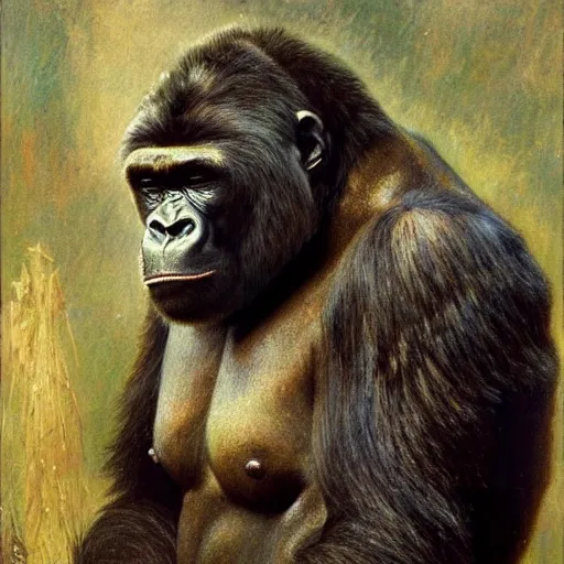 Image similar to highley detailed potrait of a silverback gorilla, painting by gaston bussiere, craig mullins, j. c. leyendecker, lights, art by ernst haeckel, john william godward, hammershøi,