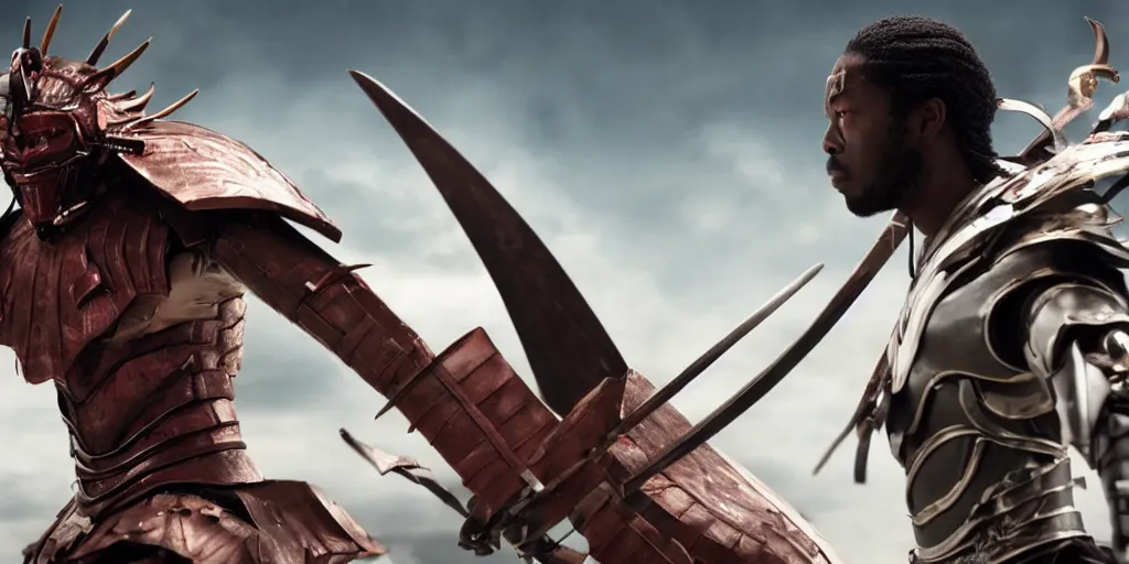 Image similar to a film still of a black man starring in a japanese blockbuster film as yoshimitsu, shallow depth of field, cinematic, award winning cgi, vfx, film still