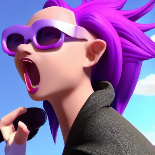 Prompt: a person with purple hair and sunglasses blowing a bubble, a 3 d render by akira toriyama, trending on zbrush central, computer art, rendered in cinema 4 d, rendered in maya, rendered in unreal engine,
