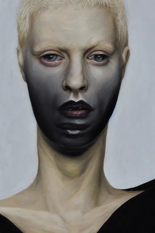 Image similar to hyperrealism oil painting, close - up portrait of albino medieval fashion model, black silk, steel gradient mixed with nebula sky, in style of baroque