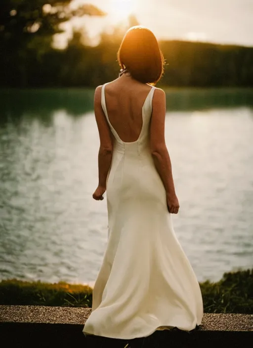 Image similar to a 2 8 mm holga photo from the back of a woman in a formal gown at the edge of a lake, splash art, movie still, bokeh, canon 5 0 mm, cinematic lighting, dramatic, film, photography, golden hour, depth of field, award - winning, anamorphic lens flare, 8 k, hyper detailed, 3 5 mm film grain