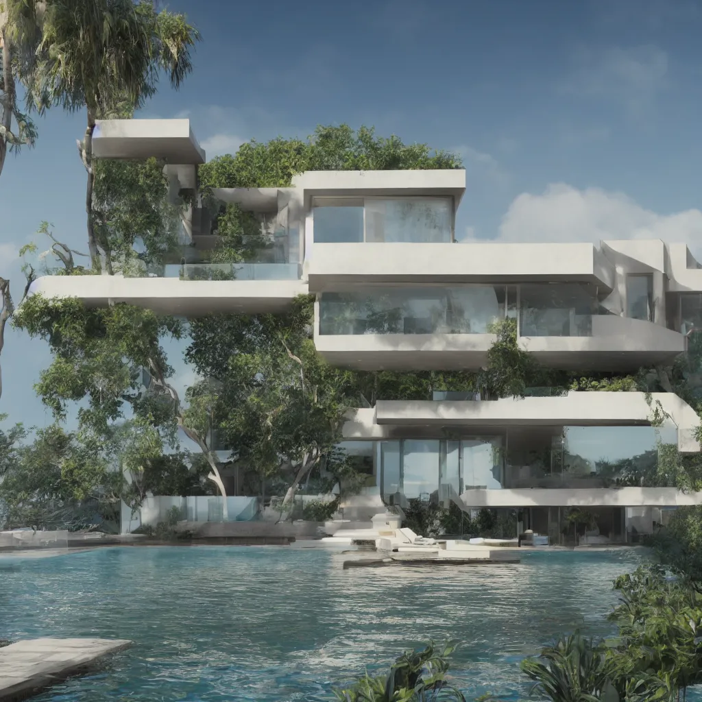 Prompt: a floating modern la style house, water fall falling from an infinity pool. octane render, v - ray, cinematographic, photo - bash, beautiful atmospheric background, ambient occlusion perfect alignment, single house