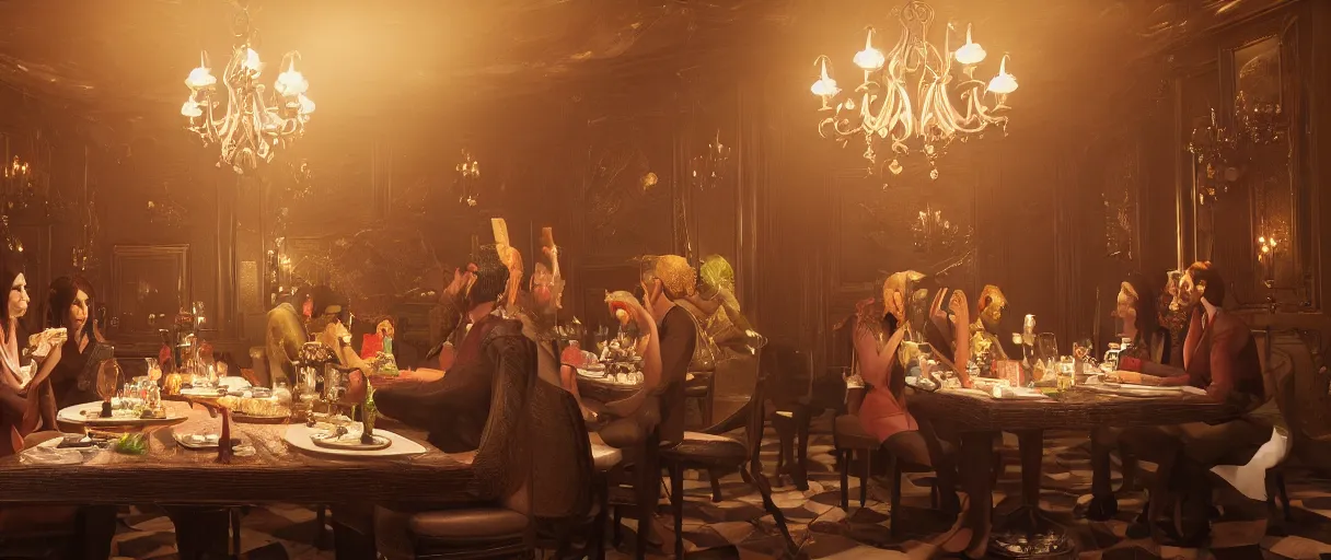 Prompt: a beautiful painting of cthulu dining at a fancy restaurant sitting across the table from a blind date | unreal engine :. 4 | global illumination, radiant soft light, detailed, intricate :. 6