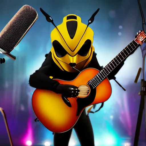 Prompt: bumblebee singing on stage with a microphone and acoustic guitar in an anime