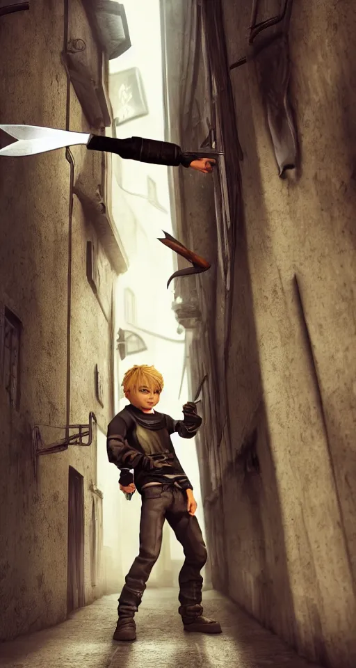 Image similar to A young blonde haired boy wearing thief clothes with daggers in an alleyway, epic fantasy, octane render, high detail, photorealistic, High details,4k