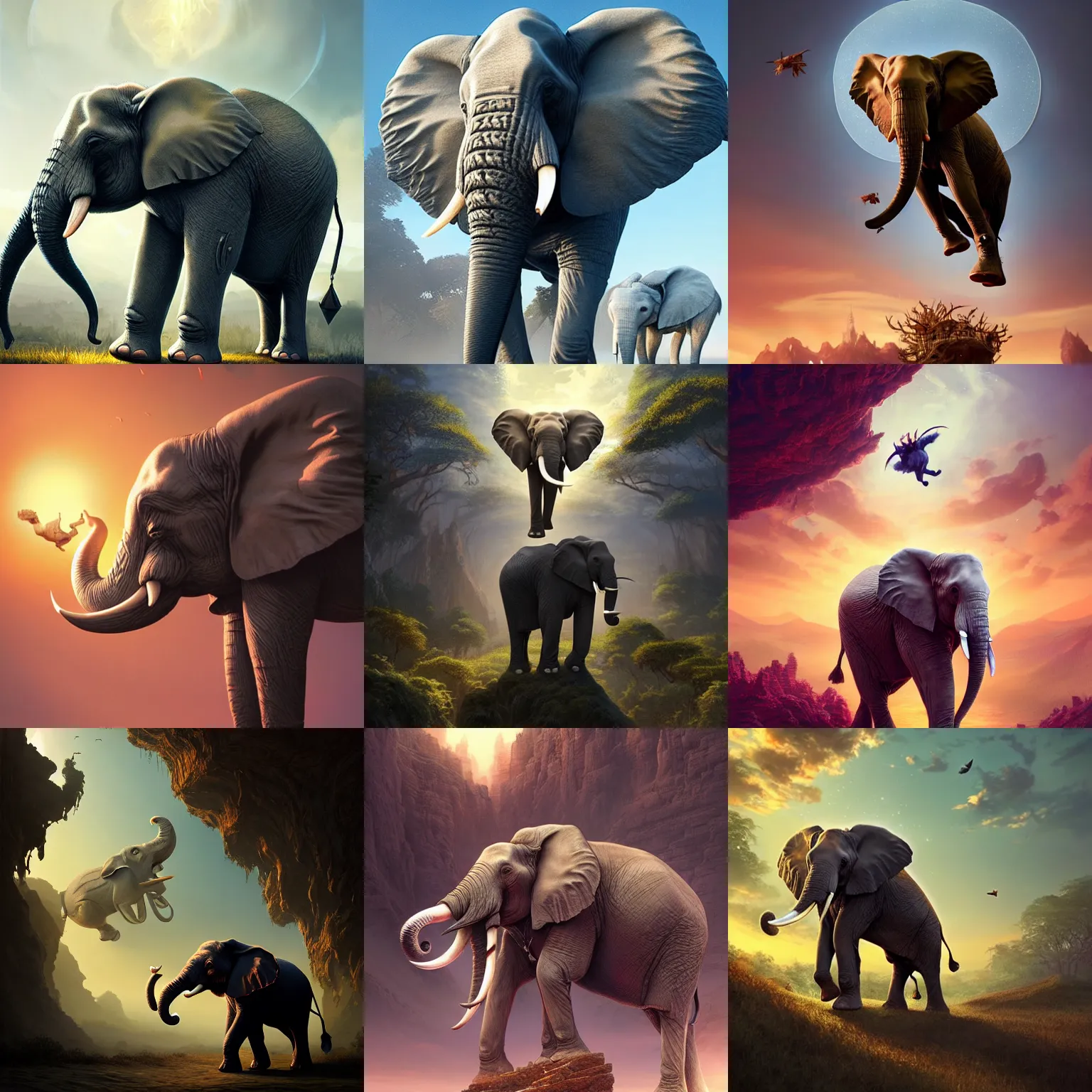 Prompt: elephant flying using his big ears, fantasy, intricate, epic lighting, cinematic composition, hyper realistic, 8 k resolution, unreal engine 5, by artgerm, tooth wu, dan mumford, beeple, rossdraws, james jean, marc simonetti, artstation