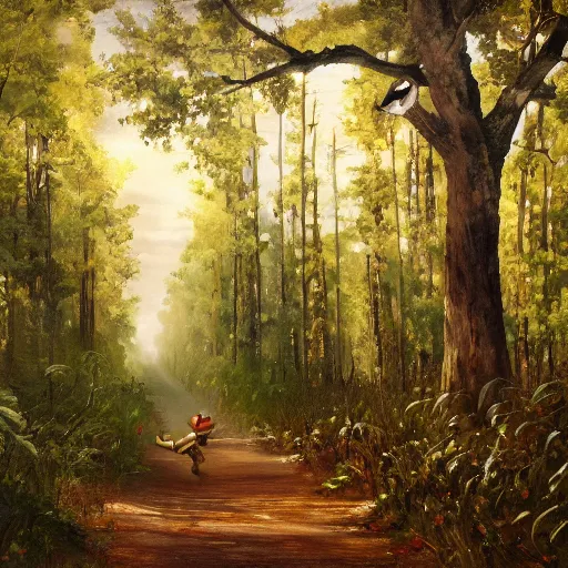 Prompt: a beautfiul painting of a robot running through a forest,8k