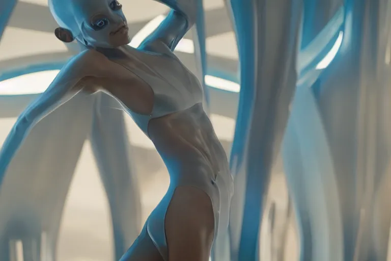 Image similar to vfx movie scene closeup portrait of beautiful blue skin skimpy alien woman dancing in sleek futuristic decadent spaceship pillars, futuristic ballroom. giant windows view of earth obit. by emmanuel lubezki