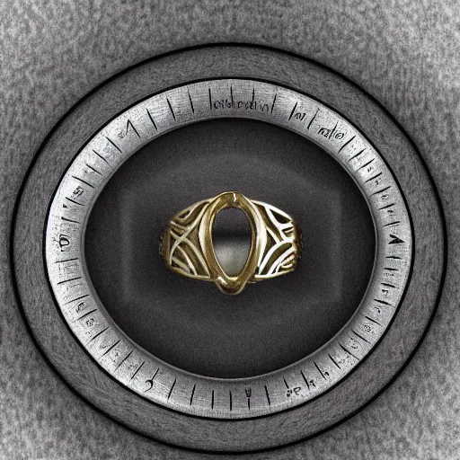 Image similar to the ring from lord if the rings with an imprinted ruler, cm scale imprinted on the inside of the ring, one ring to rule them all, highly detailed, 8 k, trending on artstation, mystic, rpg artwork