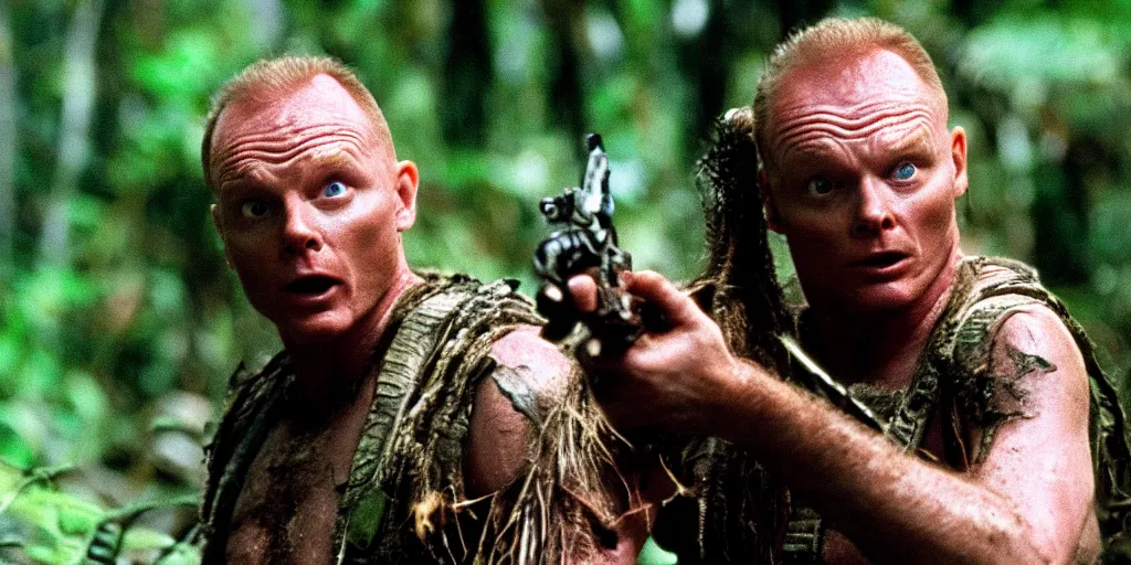 Image similar to a film still of Bill burr in Predator, high quality