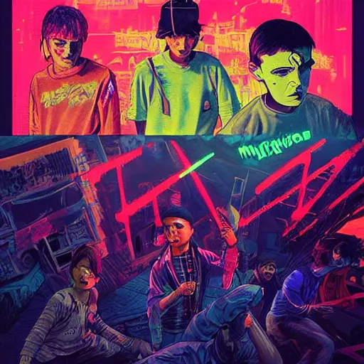 Image similar to young punk rockers fighting against zombies at the playground, by baseball bat in the retro wave stranger things style, neon colors, hyper detailed, digital art, cinematic lighting, concept art by artgerm and greg rutkowski and caravaggio and moebius and jakub rebelka, 8 k