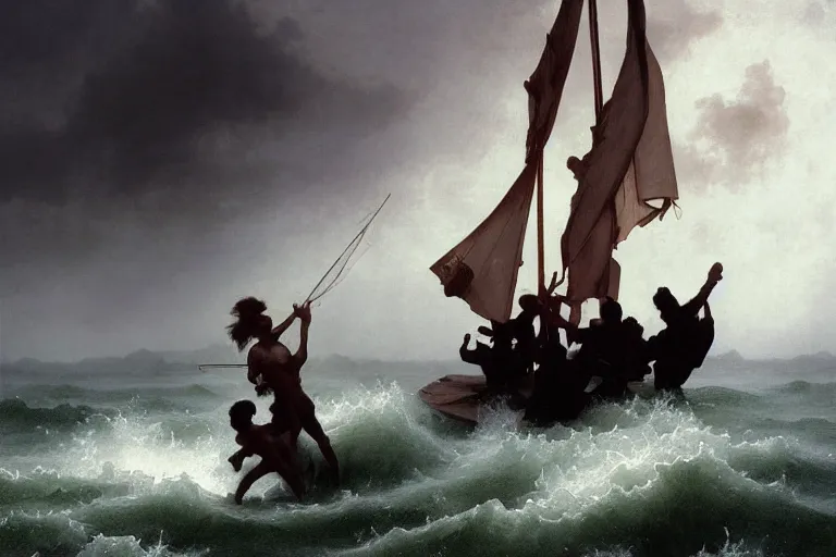 Image similar to ancient historically accurate depiction of Bible Character walking on water during a storm, a small fishing sailboat with scared sailors on board, dramatic lighting by frank miller, illustration by Ruan Jia and Mandy Jurgens and William-Adolphe Bouguereau, Artgerm, 4k, digital art, surreal, space dandy style, highly detailed, godsend, artstation, digital painting, concept art, smooth, sharp focus, illustration by Ruan Jia and Mandy Jurgens and William-Adolphe Bouguereau, Artgerm