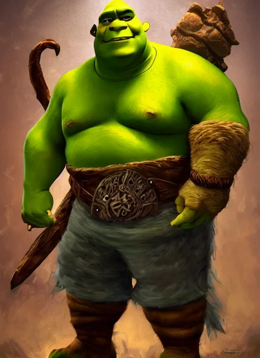 Prompt: oil painting shrek as thrall from world of warcraft, artstation, shrek, epic, dramatic,