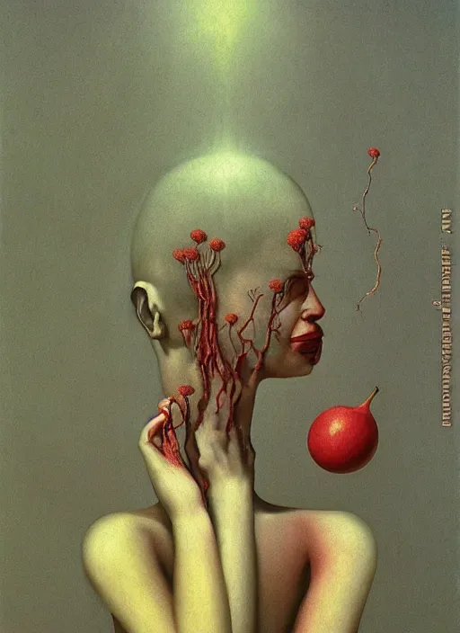 Image similar to She Eats of the Strangling Fruit and Her polyp blossoms bring iridescent fungal flowers whose spores black the foolish stars Edward Hopper and James Gilleard, Zdzislaw Beksinski, Mark Ryden, Wolfgang Lettl highly detailed