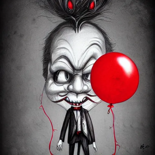 Prompt: surrealism grunge cartoon portrait sketch of the slender man with a wide smile and a red balloon by - michael karcz, loony toons style, pennywise style, horror theme, detailed, elegant, intricate