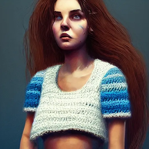 Image similar to A caucasian woman with blue and brown ombre hair wearing a crocheted crop-top, illustrated by Greg Rutkowski, photorealistic portrait, trending on artstation, artstationHQ, artstationHD, dappled lighting,