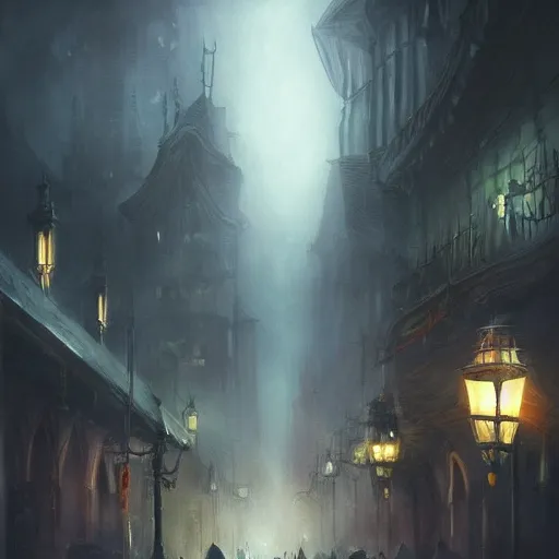 Image similar to fantasty dark vampire cityscape, painting, lights in the dark, lanterns, fog, people in the streets, sharp roofs, smoke, dark fantasy, magic the gathering, fantastic artwork, 4 k, trending on artstation, by greg rutkovski, high fantasy, barren landscape