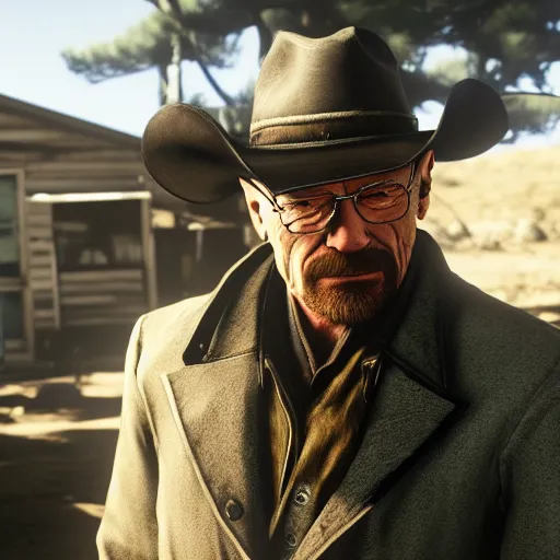 Prompt: Film still of Walter White, from Red Dead Redemption 2 (2018 video game)