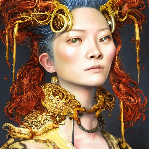 Prompt: portrait, headshot, insanely nice professional hair style, dramatic hair color, digital painting, of a old 17th century, old cyborg merchant, Chinese Three Kingdoms, amber jewels, baroque, ornate clothing, scifi, realistic, hyperdetailed, chiaroscuro, concept art, art by Franz Hals and Jon Foster and Ayami Kojima and Amano and Karol Bak,