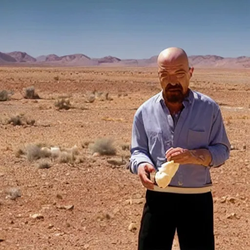 Prompt: Walter White eating ice cream in the middle of the desert