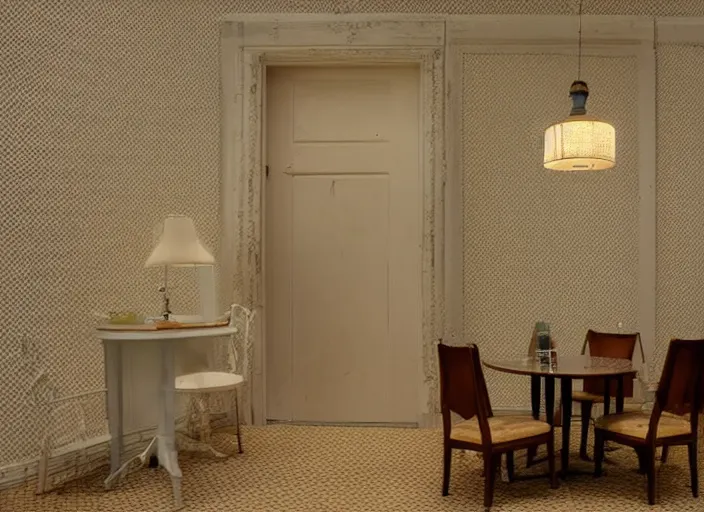 Prompt: an endless space of empty connecting rooms with old vanilla colored wallpaper from the 1970s and brown carpet lit by tungsten lights, no windows